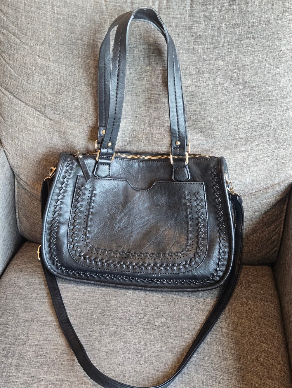 Madison West Ashely Saddle Black Tote Boho Handbag Purse Black